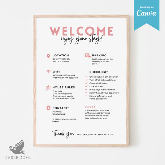 Editable Pink Airbnb Welcome Sign Template