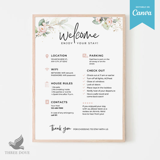 Editable Floral Airbnb Welcome Sign Template