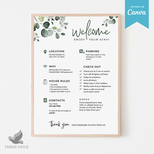 Editable Greenery Airbnb Welcome Sign Template