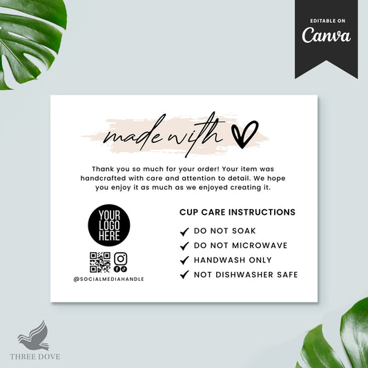 Minimalist Cup Care Instructions Card Template