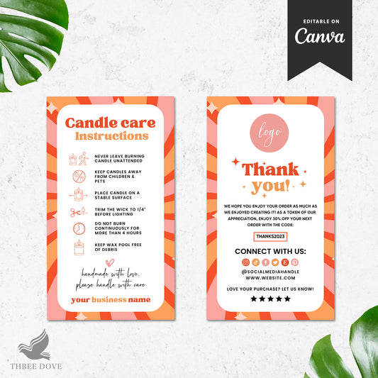 Editable Multi Color Candle Care Instructions Card Template