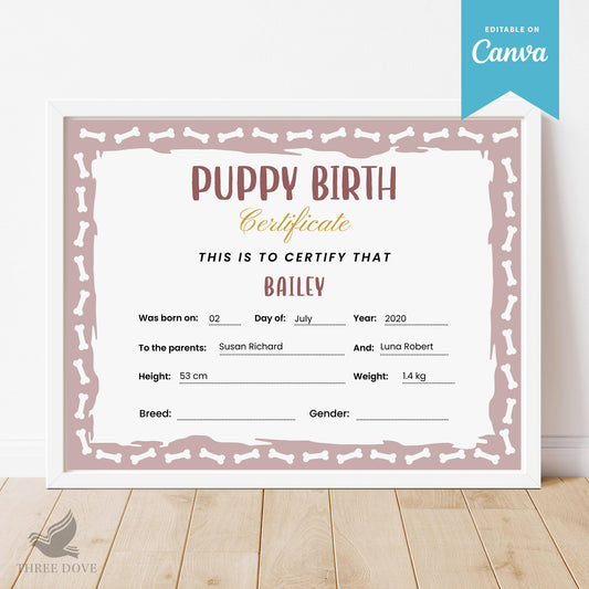 Puppy Birth Certificate Canva Editable