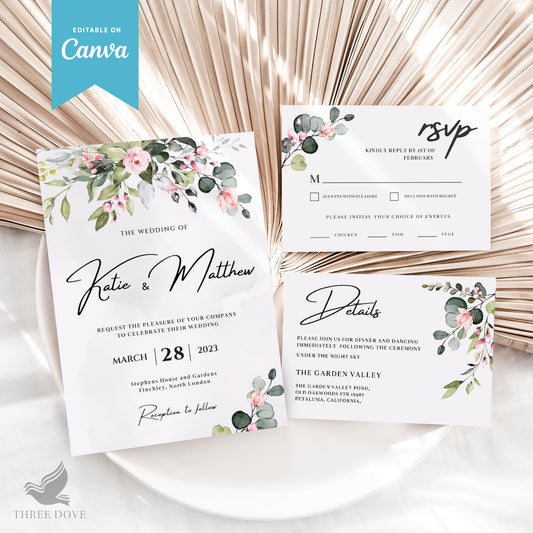 Greenery Wedding Invitation Bundle (Invitation, RSVP & Details Card)