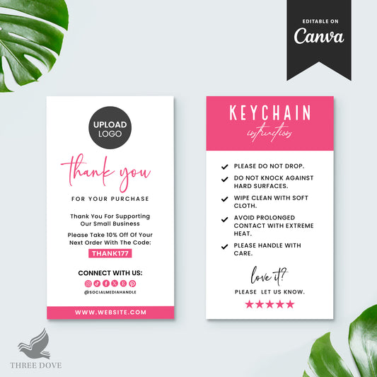 Pink Key Chain Care Instructions Card Template