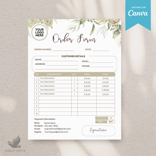 Green Floral Order Form Editable Template