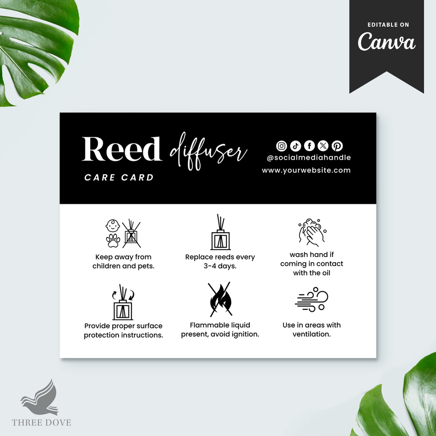 black & white reed diffuser care instructions card template