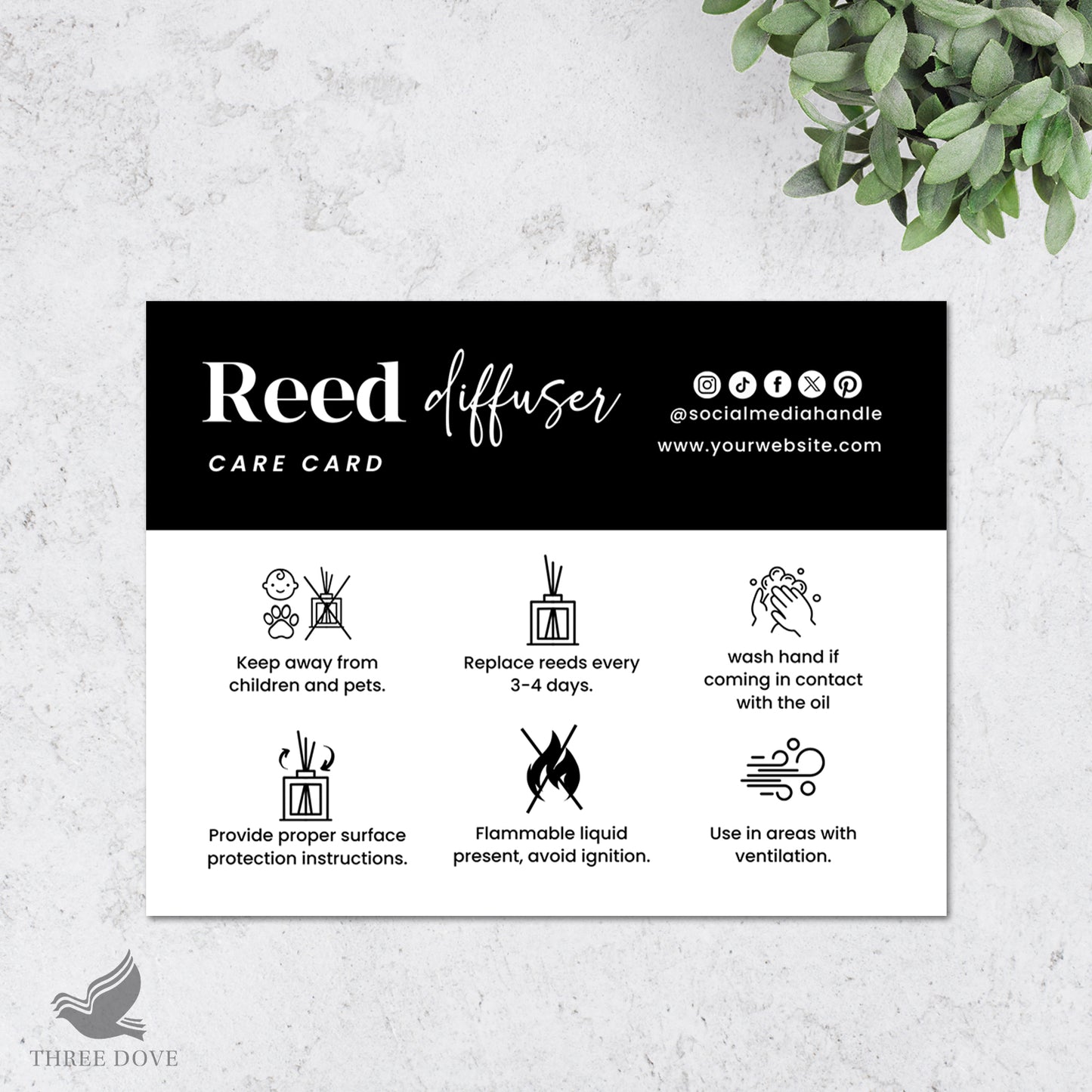 black & white reed diffuser care instructions card template