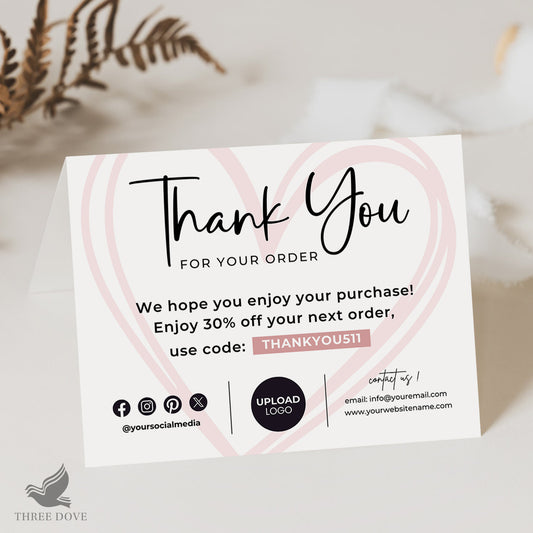 Editable Pink Heart Thank You Card Template