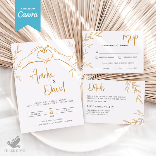 White & Gold DIY Wedding Invitation Bundle (Invitation, RSVP & Details Card)