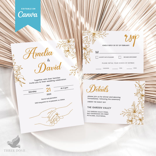 White & Gold Floral Wedding Invitation Bundle (Invitation, RSVP & Details Card)