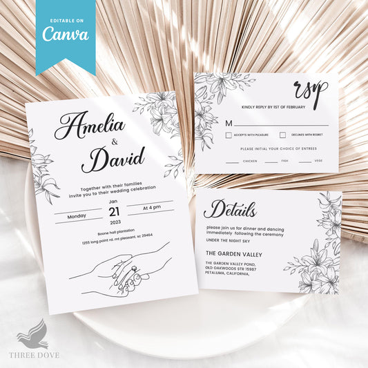 Stylish Flower Wedding Invitation Bundle (Invitation, RSVP & Details Card)