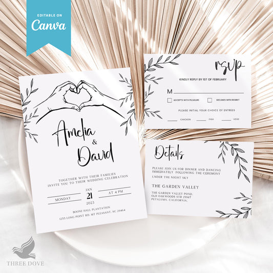 Wedding Invitation Bundle (Invitation, RSVP & Details Card) Canva Editable