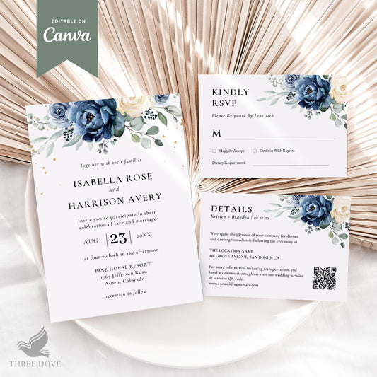 Elegant Blue Flower Wedding Invitation Bundle (Invitation, RSVP & Details Card)