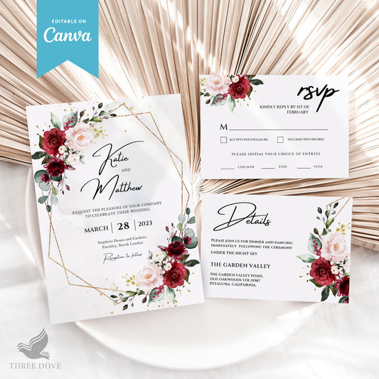 Beautiful Floral Frame Wedding Invitation Bundle (Invitation, RSVP & Details Card)