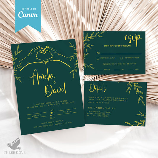 Royal Green Wedding Invitation Bundle (Invitation, RSVP & Details Card)