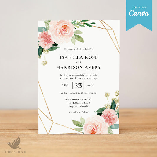 Rose Flower One Page Wedding Invitations Template