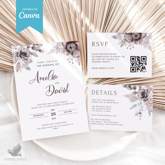 Editable Royal Floral Wedding Invitation Bundle (Invitation, RSVP & Details Card)