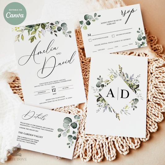 Elegant Wedding Invitation Bundle (Invitation, RSVP & Details Card)