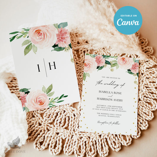 Watercolor Rose Floral Wedding Invitations Template