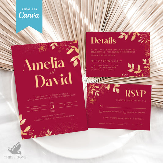 Royal Red & Gold Wedding Invitation Bundle (Invitation, RSVP & Details Card)