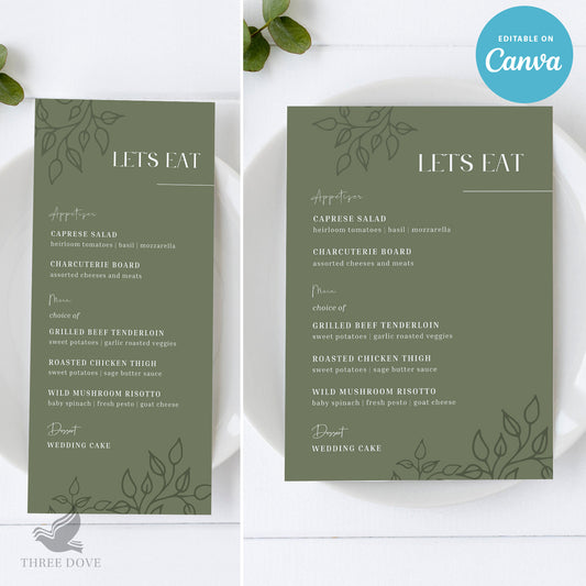 DIY Royal Green Wedding Menu Template