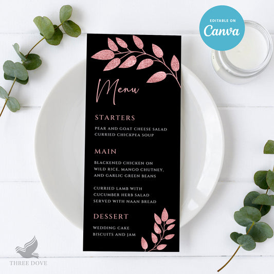 Royal Black & Pink Wedding Menu Template