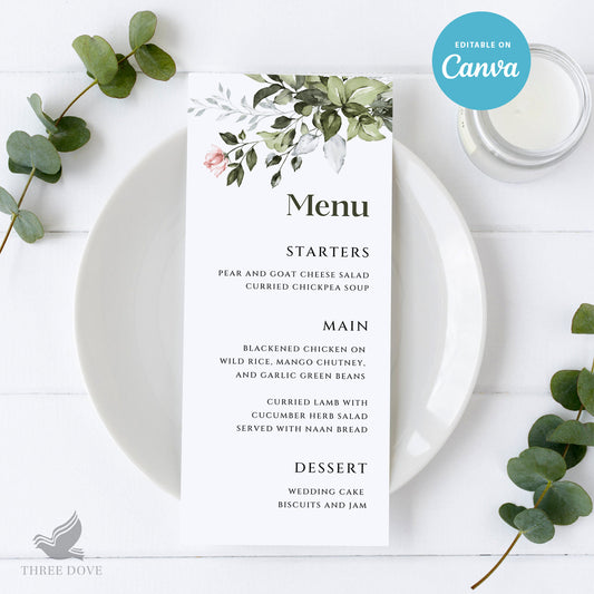 Editable Greenery Wedding Menu Template