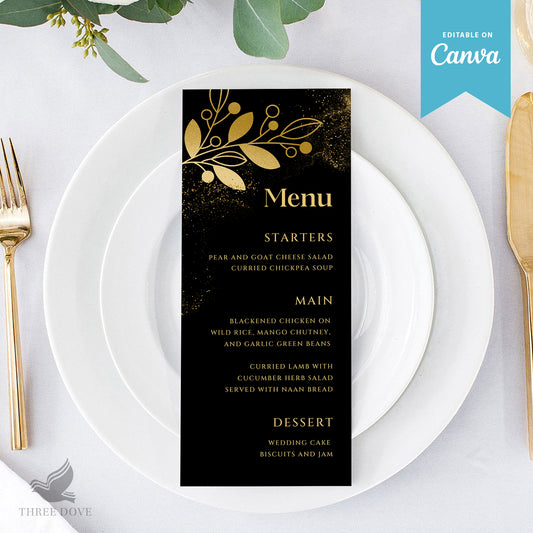 Royal Black & Gold Wedding Menu Template