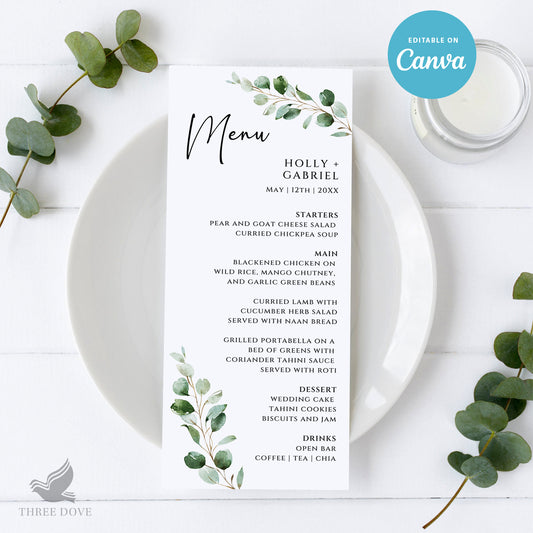 Royal Greenery Editable Wedding Menu Template