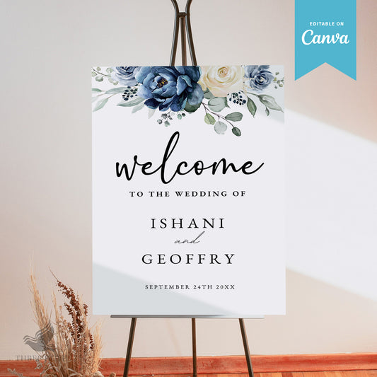 Editable Blue Floral Wedding Welcome Sign Template